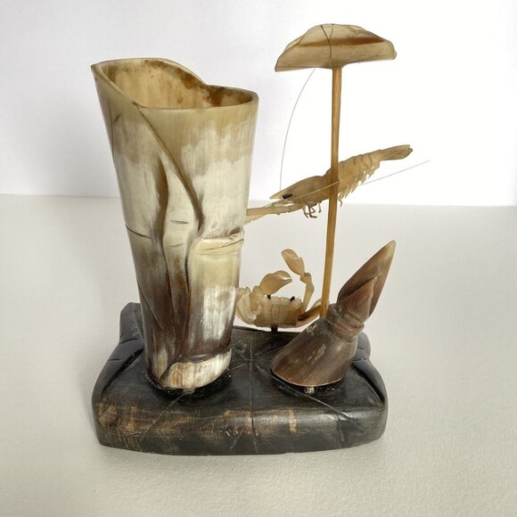 Crab Shrimp Lotus Hand Carved Animal Horn Sculpture Pen Holder Vintage Desk Set - Picture 8 of 16